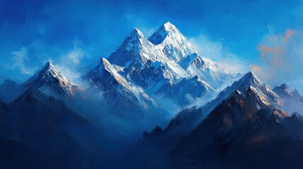 Majestic snow-capped peaks rise against a vibrant azure sky in a serene mountain range