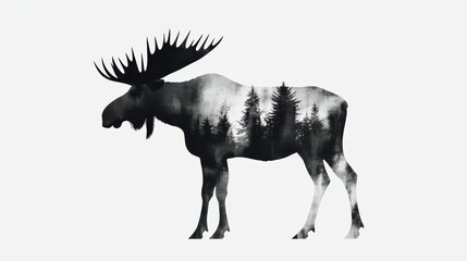 Naklejka premium Moose Silhouette Forest Double Exposure Nature Wildlife.