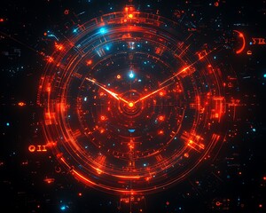 A futuristic glowing clock with its hands in a circular display