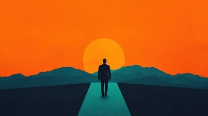 A silhouette of a person walking towards a vibrant sunset, symbolizing journey and hope.