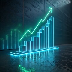  neon glowing bar graph rising on a dark reflective on backgr white