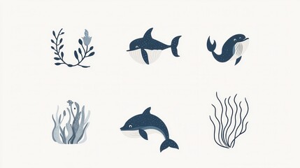 Cute Whale Dolphin Seaweed Ocean Clipart.