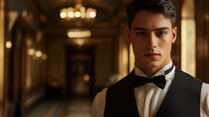 Fototapeta premium Handsome Young Man In Black Vest and Bow Tie Looks Seriously in Elegant Hallway