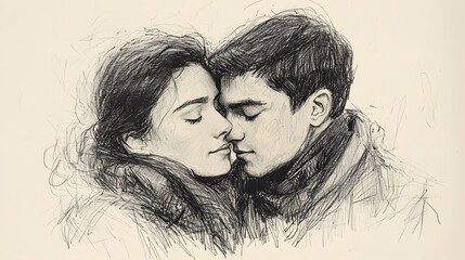 Close-up sketch of couple embracing tenderly