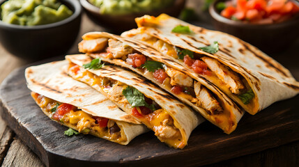 A visual of a cheesy quesadilla with grilled chicken and a side of salsa and guacamole.
