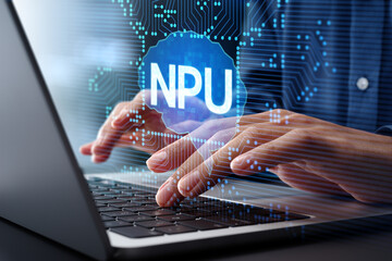 NPU neural processing unit. Artificial intelligence chips and electric circuit. Man using laptop computer for edge AI.