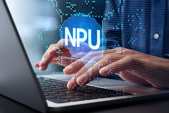 NPU neural processing unit. Artificial intelligence chips and electric circuit. Man using laptop computer for edge AI.