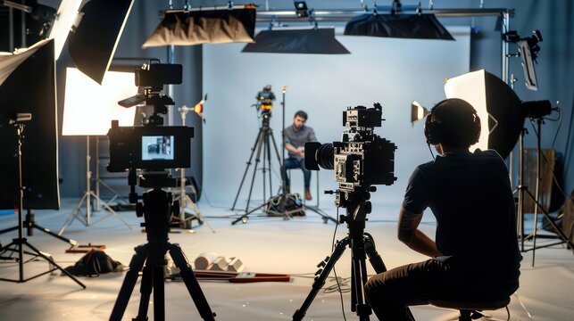 A person filming a product review or tutorial video, with professional lighting and camera equipment set up.