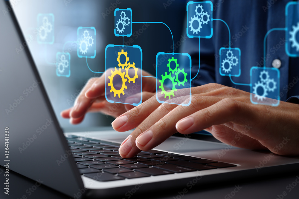 Poster API automation and data transfer through system integration. Business Process Automation BPA technologies. Engineer using laptop computer to manage automation tools.