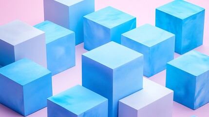 Obraz premium Surreal Blue Blocks in Cloudy Cityscape, Surreal image of tall blue rectangular blocks emerging from clouds, creating an ethereal cityscape