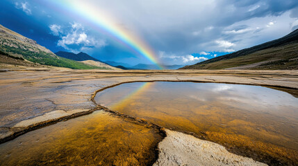 Vibrant Rainbow Over Serene Landscape with Reflections in a Calm Water Pool