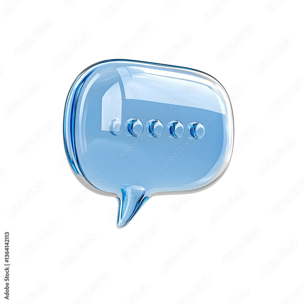 Poster A 3D rendered floating glass speech bubble with a sleek reflective iridescent surface and a futuristic minimalist digital interface style