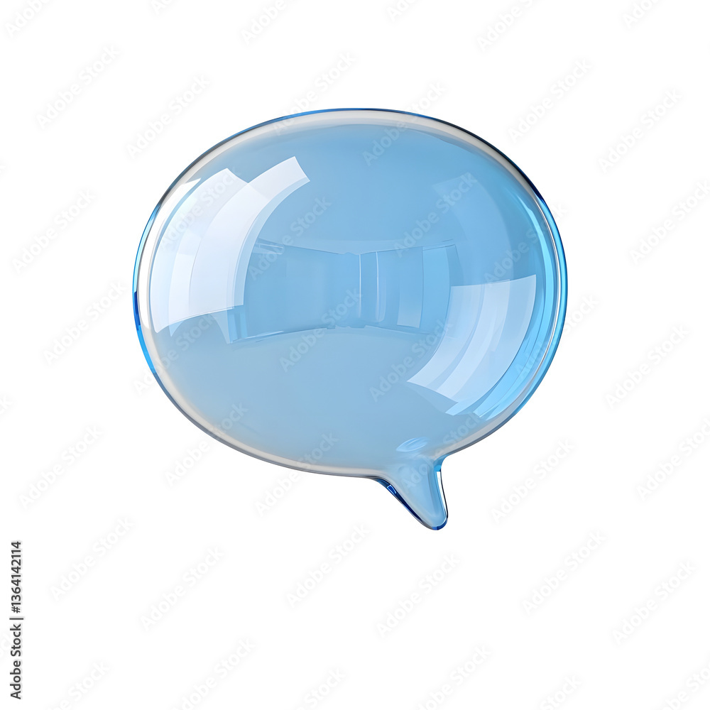 Poster Sleek and modern transparent blue glossy 3D speech bubble icon with a subtle iridescent glow and rounded edges designed for digital user interfaces and applications