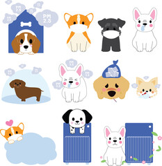 air pollution dog, pet wearing mask, PM 2.5 pollution, sick puppy illustration, cute dog with face mask, pet allergy clip art, cartoon dog feeling unwell