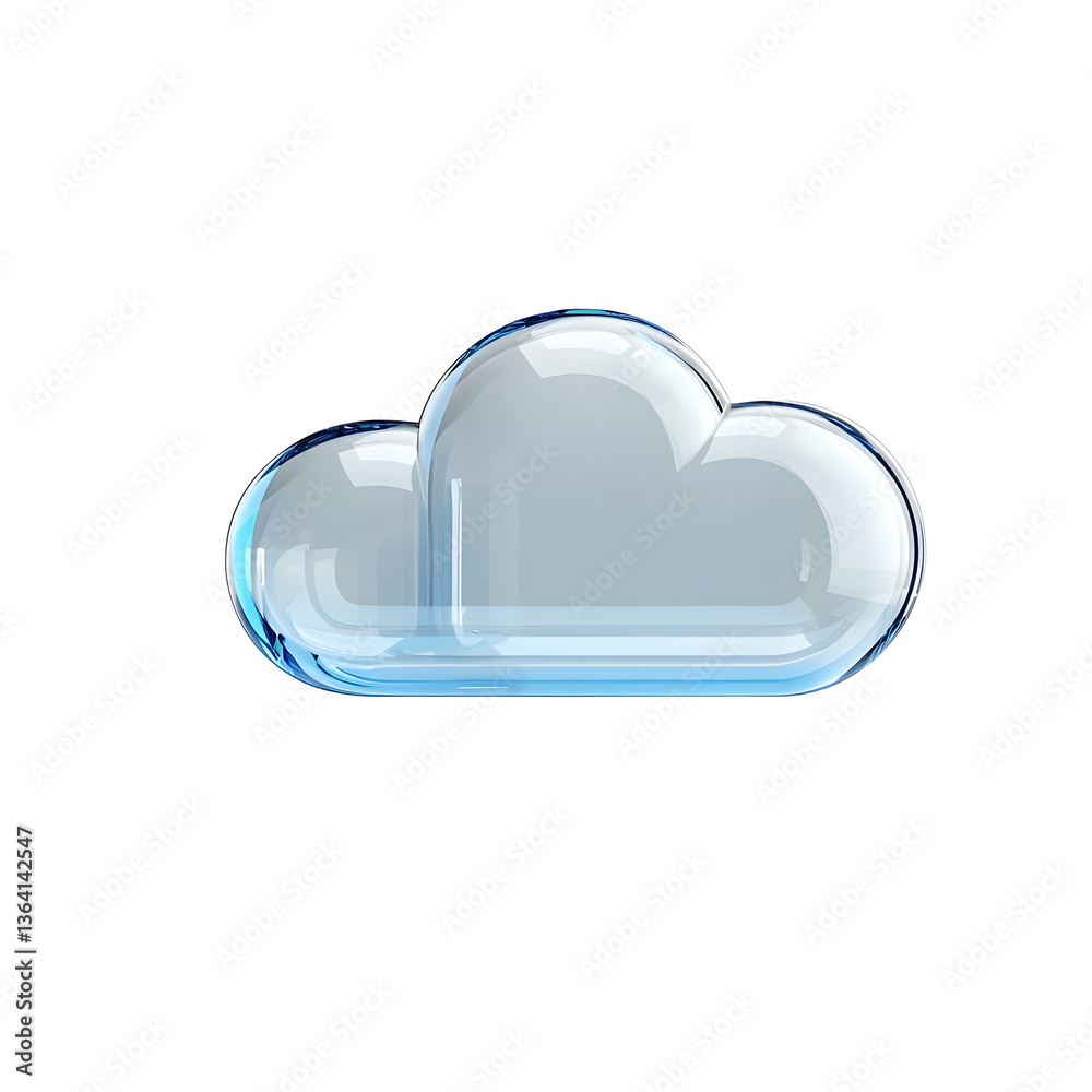 Poster Sleek and modern 3D rendered blue glass cloud UI icon with a soft iridescent reflective surface floating against a transparent white background showcasing a futuristic and digital interface design