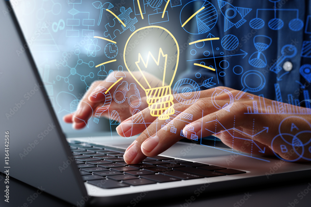 Aufkleber Strategic thinking and idea generation. Creative problem solving. Lightbulb illustration and business icons. Businessman using laptop computer to create innovative business models.