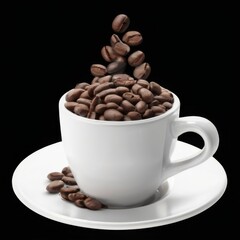 Fototapeta premium White coffee cup with spilling beans on saucer, set against a black background 3D rendering for realistic appearance.