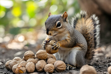 Fototapeta premium Captivating squirrel amidst a bountiful harvest of walnuts in natural lighting