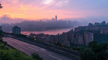 A beautiful morning city skyline featuring modern skyscrapers and buildings that reflect the first light of day. AI generative