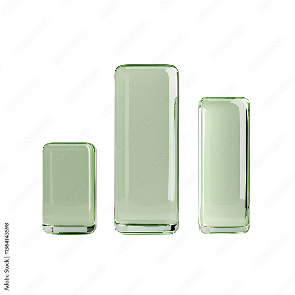 Poster Minimalist green matte frosted glass bar graph UI icons with smooth soft glowing edges and a clean modern appearance ideal for digital dashboards and data visualization