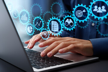 Business workflow automation and AI technology. Many gears and icons. Businessman using laptop computer for business process automation technology.