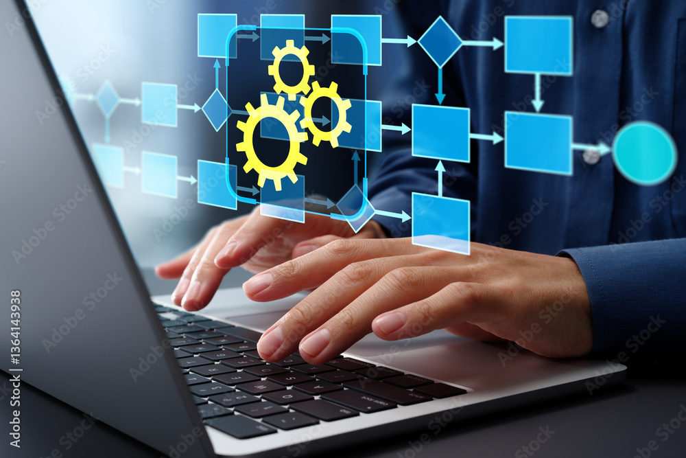 Poster Business workflow automation. Flowchart and gear icons. Businessman using laptop computer with automation systems.