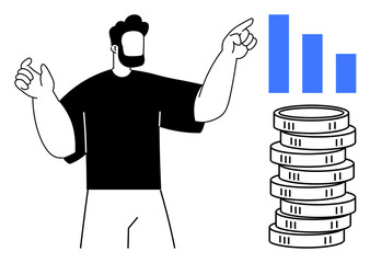 Man pointing at bar chart next to stacked coins, representing financial success, statistics, and planning. Ideal for investment, savings, budgeting, progress tracking, analytics business strategy