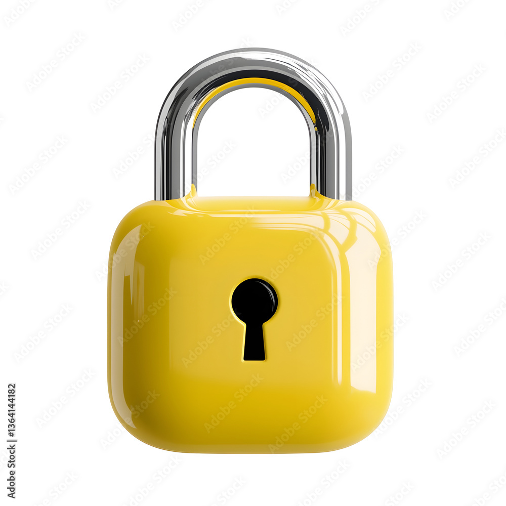 Poster a visually striking modern 3d rendered padlock with a bold yellow casing a polished silver curved sh