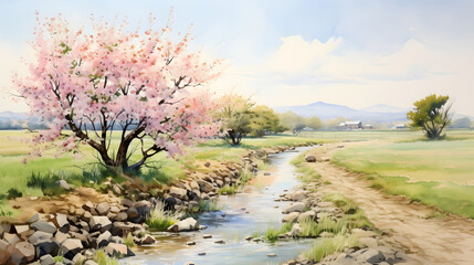 Watercolor springtime outdoor landscape country road background poster decoration painting