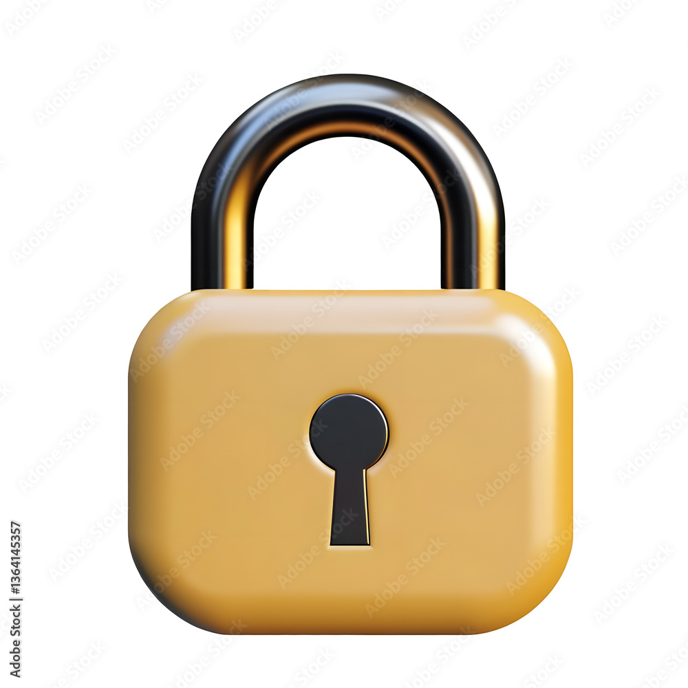 Poster Close up of a sleek and shiny yellow padlock icon featuring a biometric verification symbol designed with smooth rounded edges for a high tech security appearance