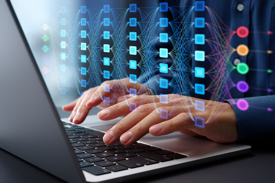 AI and deep learning. Neural network model and diagram. Businessman using laptop computer to train AI.