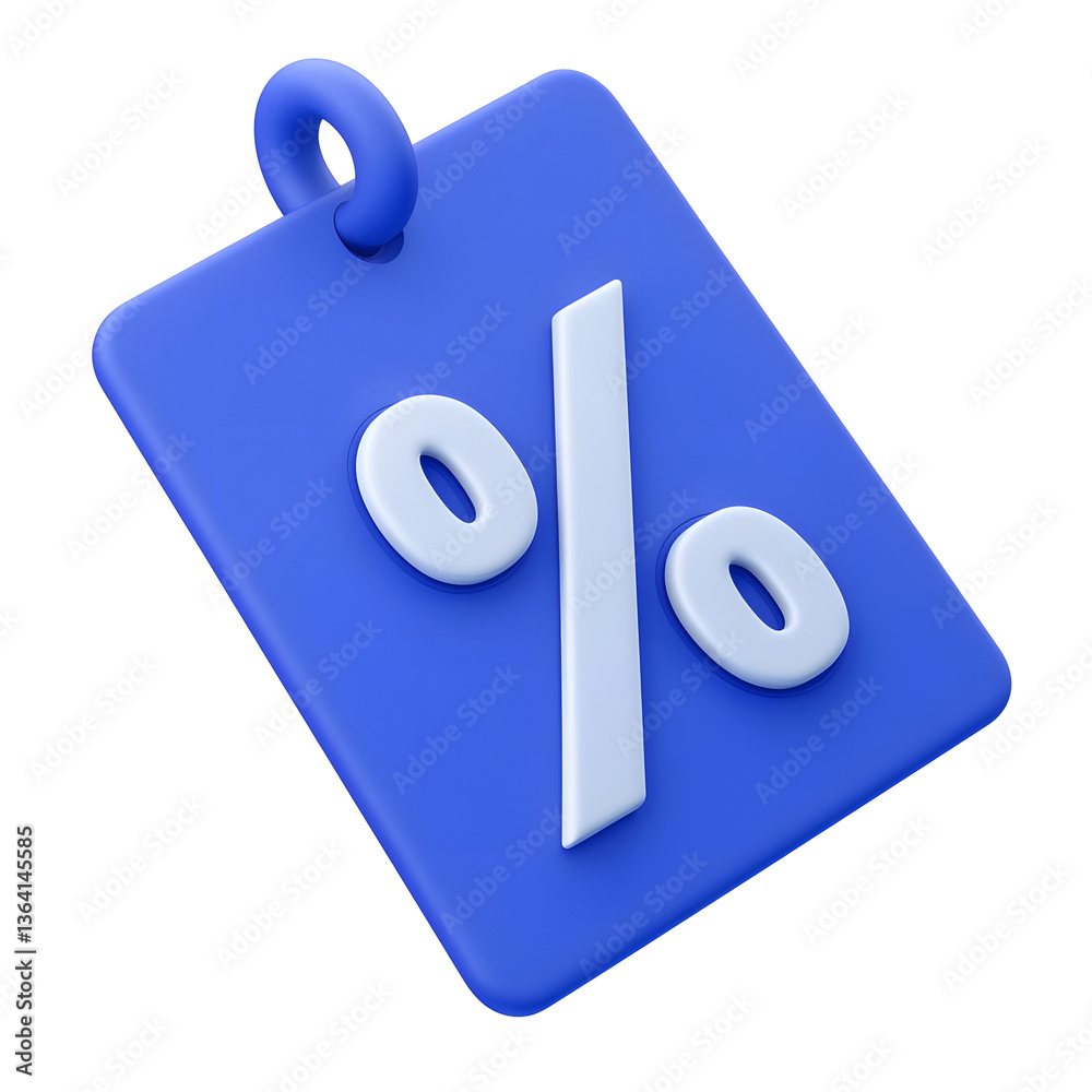 Poster a sleek digitally rendered blue discount tag with an elegant embossed percentage symbol and smooth c