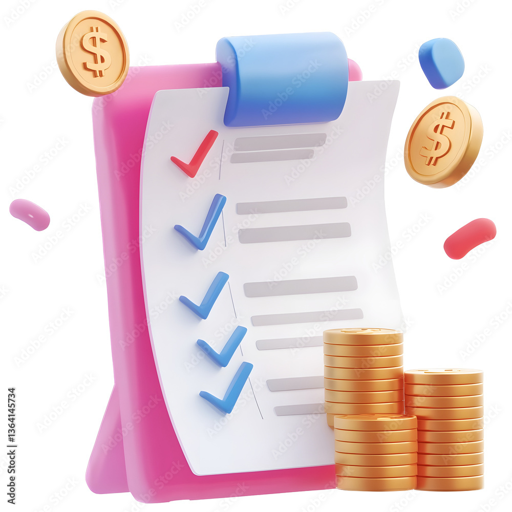 Aufkleber Close up of a financial planning document featuring a structured checklist and stacked gold coins symbolizing budgeting and financial management in a clean modern and organized design
