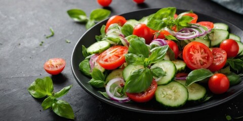 Vibrant Salad in Black Bowl with Fresh Ingredients on Textured Surface  Fresh and Appetizing Food Photography