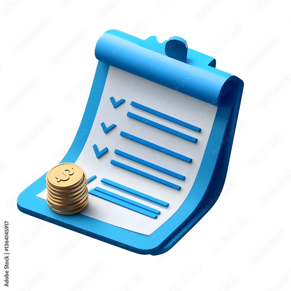 Aufkleber A minimalist 3D icon representing a financial document or checklist featuring a structured list with checkmarks and a stack of gold coins symbolizing financial security and transaction records