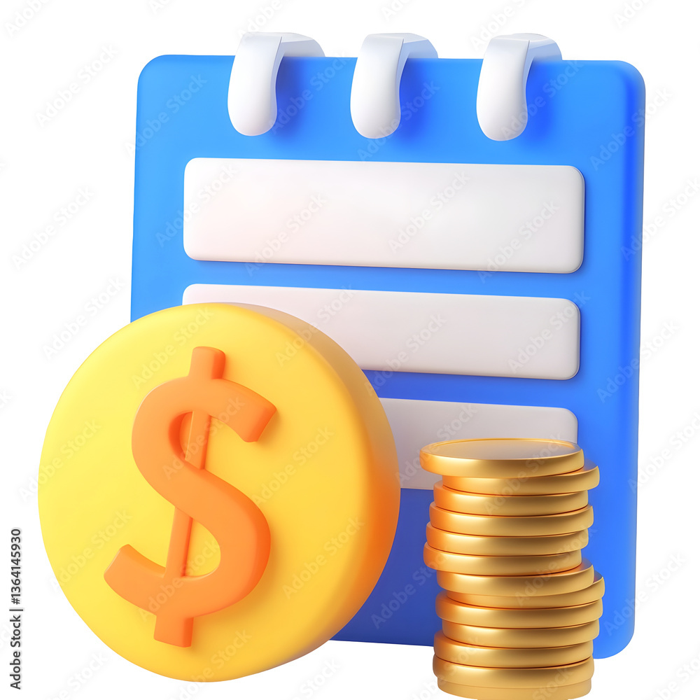Aufkleber A modern futuristic looking 3D icon depicting a professional financial statement document design with a checklist layout and a neat stack of metallic coins