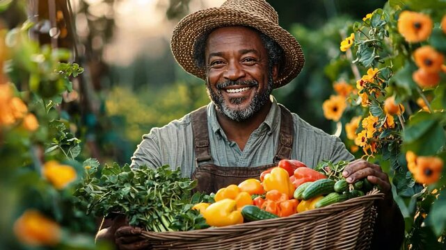 Gardener's Bounty: A cheerful gardener, beaming with pride, cradles a woven basket overflowing with vibrant, freshly harvested produce in a sun-drenched garden scene.