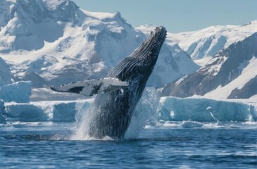 Fototapeta premium Humpback Whale Breaching in Arctic Waters: Majestic wildlife scene with icebergs, snowcovered mountains, and clear blue sky.