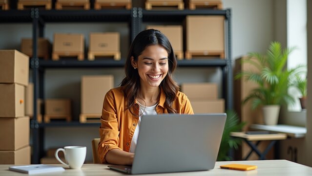 A cheerful woman smiles while working on her laptop in a warehouse setting.