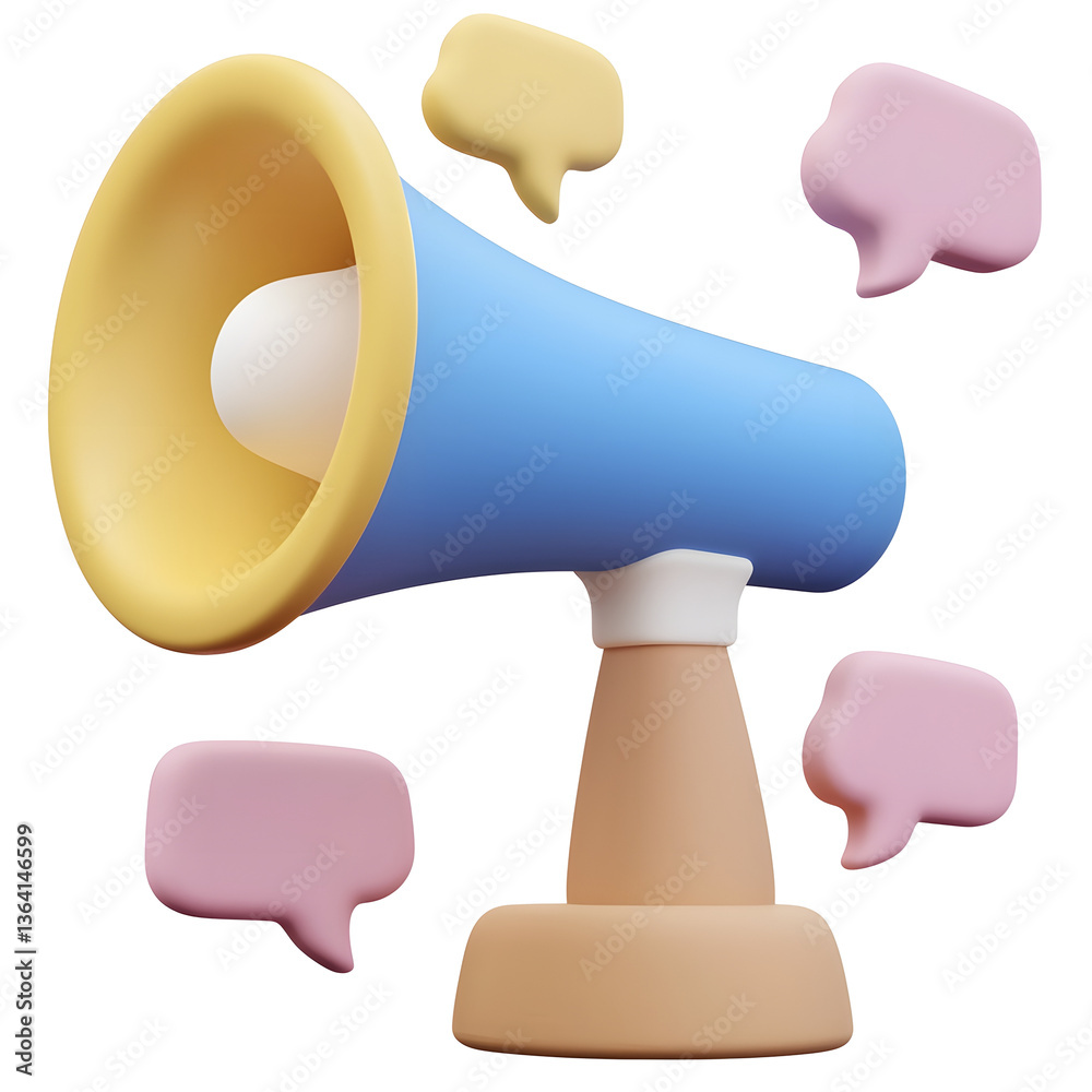 Poster A simple clean 3D rendered design featuring a blue and white megaphone icon with bright floating speech bubbles symbolizing communication and announcements in a minimalistic style