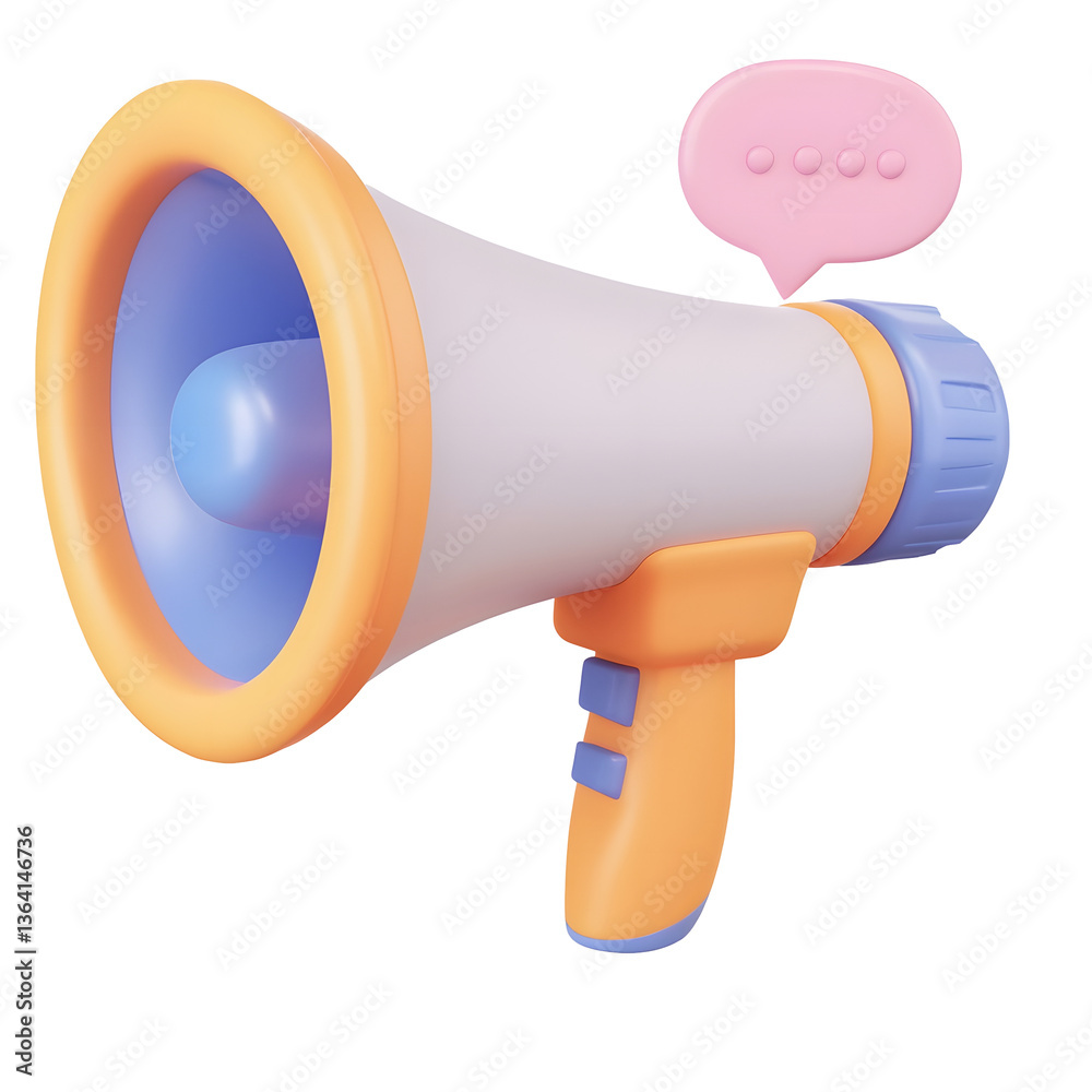 Fototapete Futuristic 3D rendered megaphone in a minimalist geometric design with animated floating speech bubbles symbolizing digital communication and social engagement