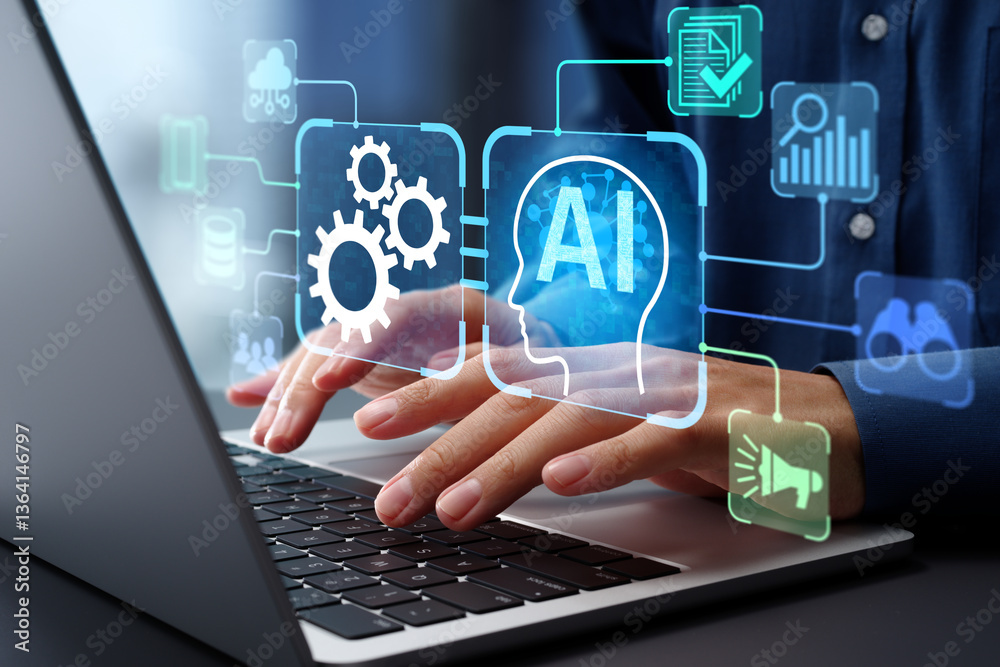 Poster AI agent and intelligent automation IA technology. Business process automation BPA system. Businessman using laptop computer to give instructions to AI at desk in office.