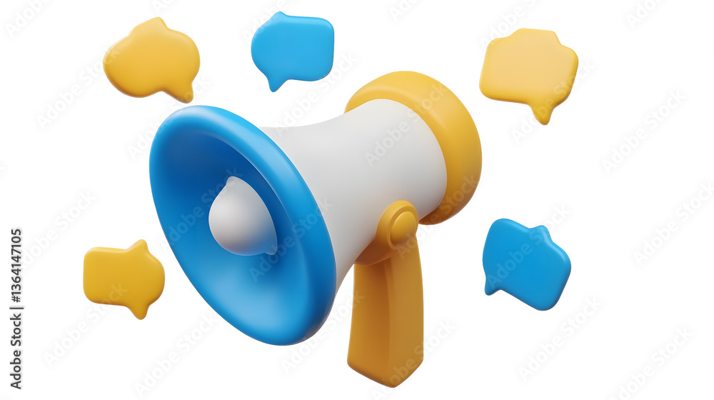 Poster sleek blue and white 3d digital icon of a minimalistic megaphone design emitting a variety of floati
