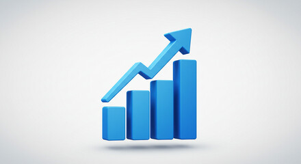 Blue 3D bar graph soaring upward, symbolizing growth, success, and positive progress against a bright background.