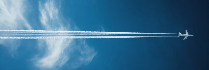 White airplane flying in deep blue sky with scattered clouds and jet engine smoke trail, low angle perspective.