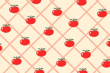 playful seamless pattern featuring red apples with a hand-drawn watercolor effect, arranged on a beige checkered background. The soft texture and pastel grid create a cozy, vintage farmhouse feel