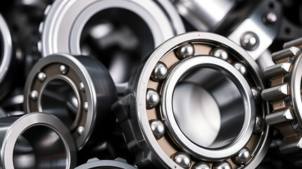 Closeup view of various ball bearings. Metal tech components. Precision engineering. Industrial machinery parts. Different sizes, types of bearings. Modern tech equipment. Silver metallic tech parts.