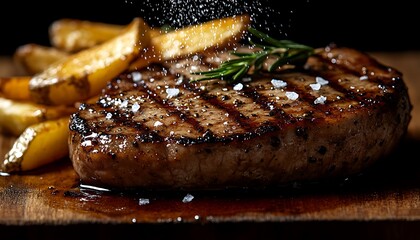 Delicious grilled steak with potatoes being seasoned with salt crystals