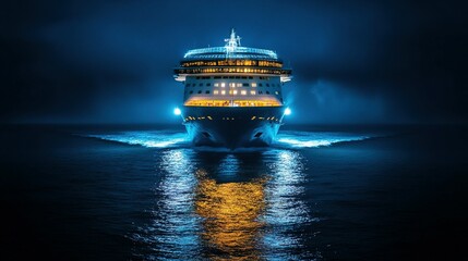 Fototapeta premium A brightly lit cruise ship traveling through dark ocean waters
