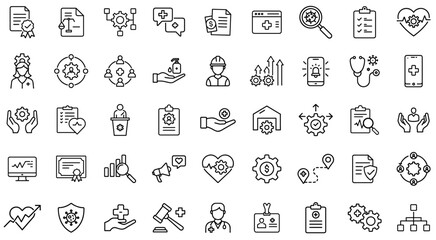 Healthcare Management System Icons Set – Medical Operations, Hospital Administration, Patient Care, Health Policy, Safety, Compliance, Monitoring, and Optimization Line Icons Pack